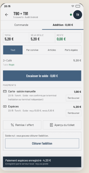 Addition sur smartphone dans Salia : partage par convive, par article ou en parts égales, paiement en espèces et carte.