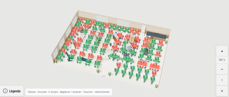 Vue 3D de la salle du restaurant de démonstration « Le Comptoir des Halles » dans Salia : tables, chaises, murs et zones modélisés.