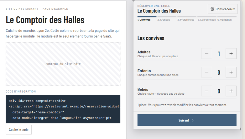 Module de réservation en ligne Salia : choix du nombre de convives, du créneau et de l'emplacement, puis coordonnées et validation.